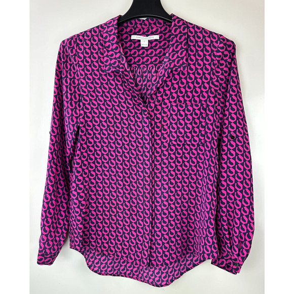 Diane von Furstenberg Silk Button Blouse Pink Navy Top Lorelei Chain DVF Size 8 - Picture 2 of 16